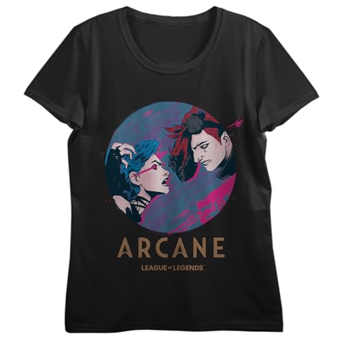 League of Legends Arcane Jinx & Vi Confrontation Womens Black Crew Neck Short Sleeve T-Shirt-Medium