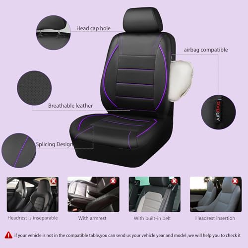Image of CAR PASS Piping PU Leather Car Seat Cover,Inside Zipper Design and Reserved Opening Holes Airbag Compatible,Universal FIT for Car, SUVs,Van,Trucks,Full Set, Black & Purple