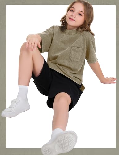 Image of COZYPOIN Unisex Kids Vintage Acid Wash Cotton Tees Crew Neck 3-16Y | 100% Cotton Boys Oversized T Shirt, Crew Neck, Short Sleeve, Front Pocket, Vintage Acid Washed Kids Tees for Boys Girls