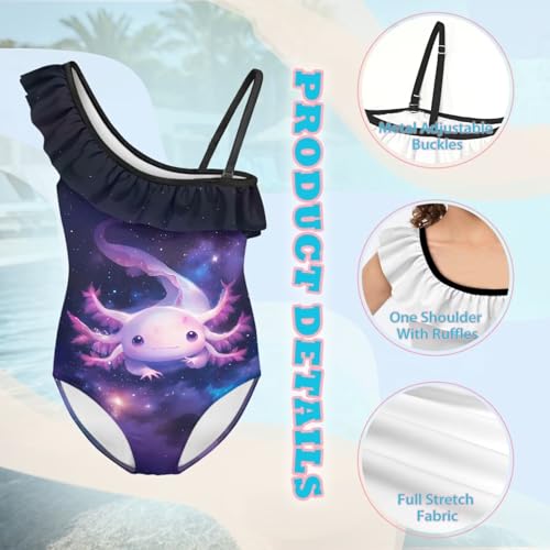 Image of WELLFLYHOM Axolotl Girls One Piece Swimsuits 3-14 Ruffle One Shoulder Bathing Suits Full Coverage Beachwear