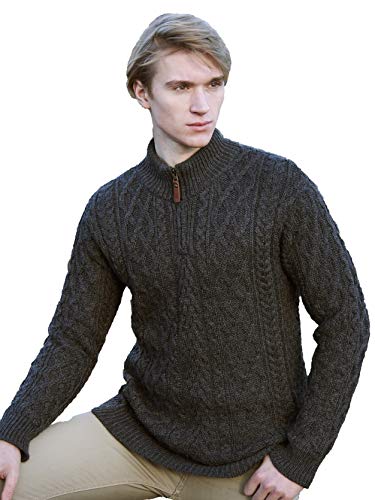 Aran crafts men's irish soft cable knitted wool zip neck jacket (…