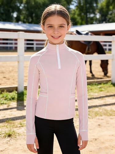 Lorilida Kids Girls Horse Riding Shirts Long Sleeve Shirts for Equestrian Show Half Zip Athletic Yoga Jacket Pink 10 Years — view 2