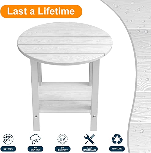 Mximu Round Outdoor Side Table Adirondack Tables 18 Inch Chairside End Tables With Storage Shelf, 2-Tier Plastic Patio Side Table, Weather Resistant For Balcony Backyard Lawn (White, 2 Pack) #TOP4