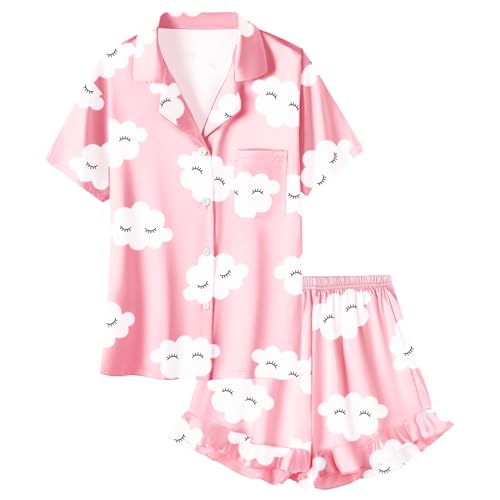 Umeyda Girls Satin Silky Collar V Neck Ruffle Short Sleeve Top and Shorts Sleepwear PJs Pink Eyelashes 11-12 Years