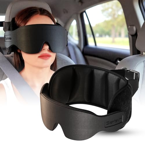 SARISUN Cuscino da viaggio, cuscino viaggio per auto con mascherina 3D per dormire cinghia di supporto per la testa a 360° per tutti i seggiolini auto accessori essenziali per viaggi su strada nero