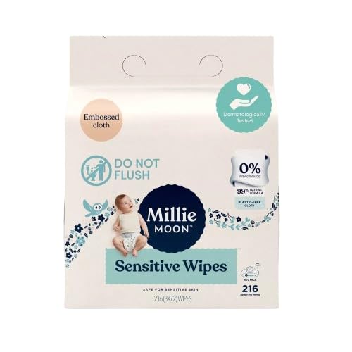Image of Millie Moon Sensitive Baby Wipes, 216 Count, Embossed Cloth, 0% Plastic, Dermatologically Tested