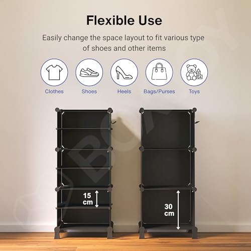 Image of BOXJOY 6 Shelf Black Shoe Rack with 3 Doors, 5 Hook Steel Holder & Wooden Hammer Home Storage PP Plastic Organizer with Metal Door Frame and Foots for Chappal Slipper Sandals Shoes Box Stand