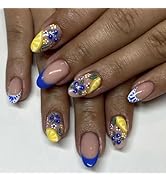 QEYRIYI Summer Fruit Press on Nails Short Round Fake Nail with Lemon Blueberry Designs Blue Frenc...