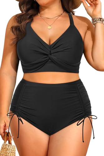 Womens Plus Size High Waisted Bikini -Twist Front Two Piece Swimsuit 2025 Tummy Control Bathing Suits with Drawstring