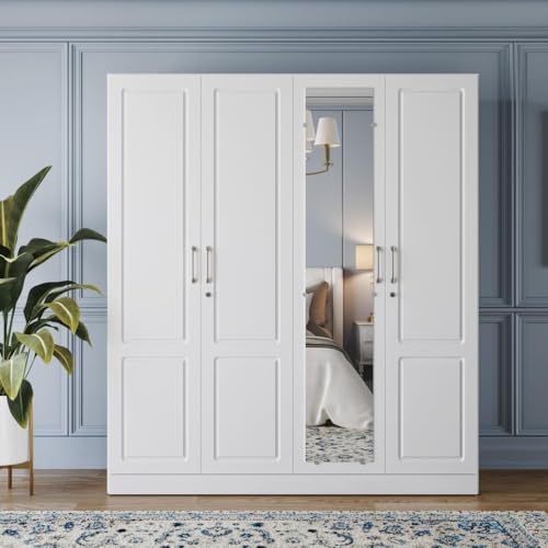 Image of Wakefit Tyrian Plus 4 Door with 4 Shelves 2 Drawers 2 Hanging Areas 1 Mirror SH1-Carcass: Frosty White Shutter: White