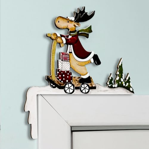 Reindeer Christmas Door Frame Decorations, Funny Elk Christmas Door Corner Topper Decor Wooden Sign, Farmhouse Xmas Sitter Ornaments Decor for Window TV PC Mantel Cabinet Mirror