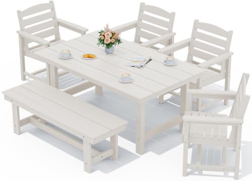 Image of SERWALL 6 Pcs HDPE Dining Set, Includes 1 Table, 1 Bench & 4 Chairs, White | Outdoor Dining Set with Bench, All-Weather Resistant SERWALL Dining Set for patio