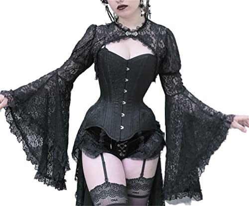 Haut gothique pour femme - Style punk - Haut court en maille transparente - Manches longues - Noir - Tenue de festival, Boléro gothique en dentelle avec...