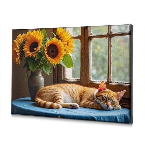 Toile chat roux et tournesols WTD 40x60 cm pour décoration murale