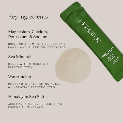 HigherDOSE HIGH-DRATION Electrolytes Powder – Replenishes & Energizes with Real Watermelon, Magnesium, Vitamin Complex & Coconut Water – Post Workout Recovery - No Added Sugar (30 Servings)