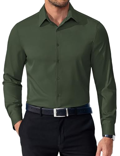 COOFANDY Button Down Shirt Men Long Sleeve Dress Shirts Regular Fit Business Casual Shirts Olive Green
