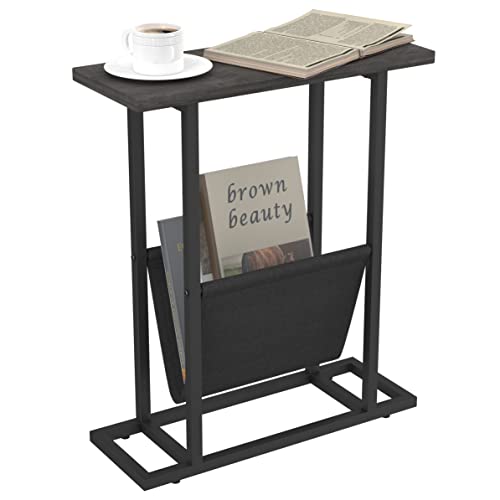 HOME BI Table d'appoint rétro étroite, canapé en forme de H, table d'appoint fine, en bois et métal avec porte-revues, tables industrielles pour salon, canapé, chambre à coucher, 45x18x53.6 cm (gris)