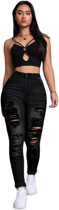 Women's High Waist Slim Fit Distressed Denim Jeans with Zipper Closure and Pocket Detail – Stretch Cotton Casual Style