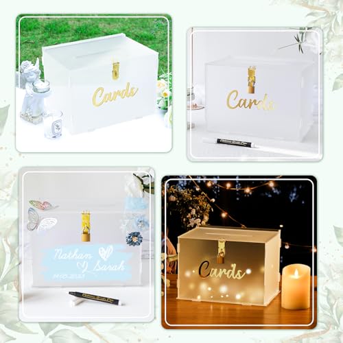 Image of OurWarm Frosted Acrylic Wedding Card Box with Lock, Gift Card Box for Wedding with String Light and Pen, DIY Wedding Envelope Money Card Box for Party Graduation Baby Shower Birthday Decorations