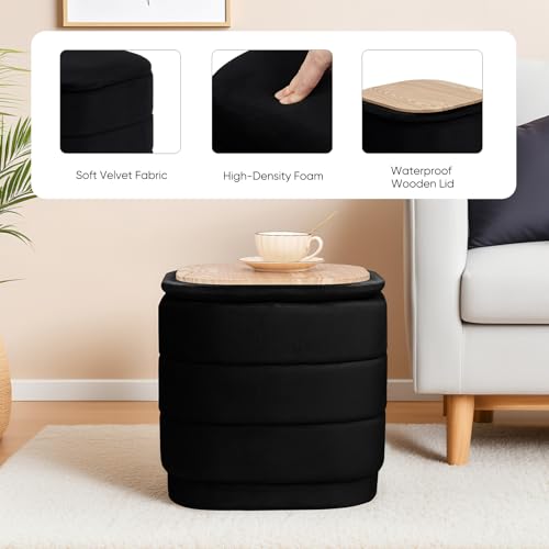 Image of 15 inch Velvet Storage Ottoman with Tray, Foldable Square Ottoman Footrest with Reversible Wood Lid, Collapsible Storage Footstool for Bedroom, Living Room, Dorm, Black