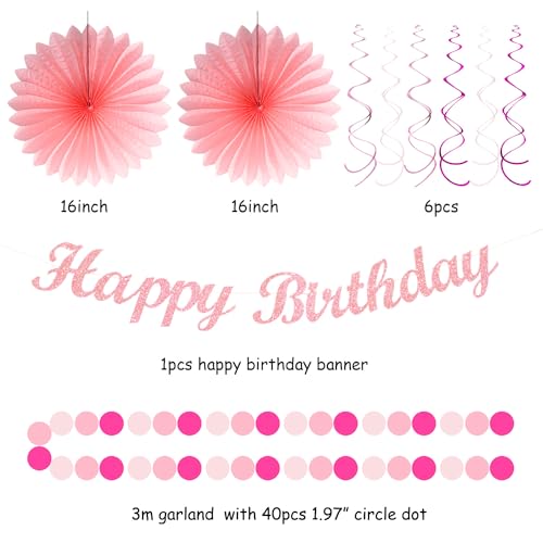 Image of Light Hot Pink Birthday Party-Decorations - 21pcs Girl Happy Banner,Paper Lanterns Honeycomb,Tissue Pom Poms Flower Fan,Hanging Streamers Garland,18th 21st 30th Women Birthday Decor Supplies Huglony