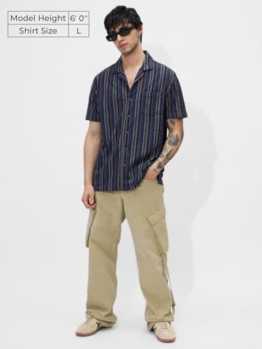 Image of The Souled Store Stripes: Men and Boys Long Sleeve Collared Neck Button Down Cotton Textured Shirts for Men
