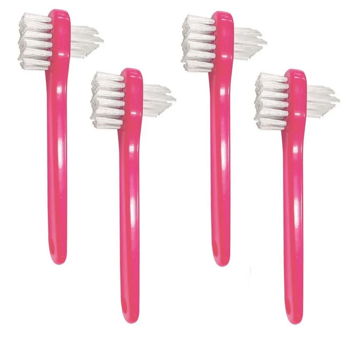AmeriCan Goods 4Pcs Denture Dual Head Brush Cleaning Care Denture Toothbrush Every Day & Traveling Use (Pink)