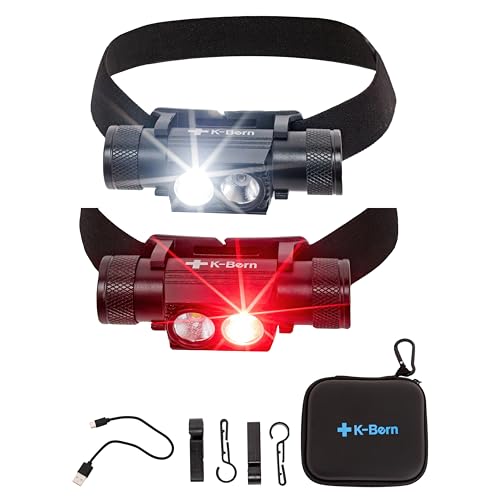 K-Bern PRO Red & White Rechargeable Headlamp. 1000 Lumen UL Approved 3500 mAh Battery Ultra Bright Head Lights Waterproof Lightweight Aluminum Perfect for Work Dog Walking Camping & Hiking