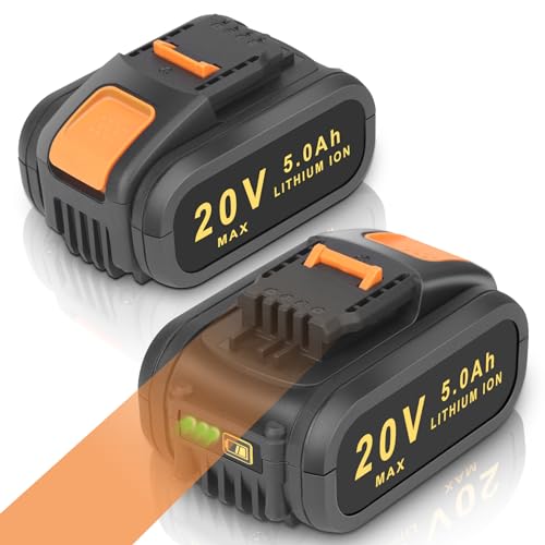 2 Pack 20V 5.0Ah Battery for Worx WA3551 KUNLUN Li-ion Replacement Battery for Worx Cordless Power Tools WA3551.1 WA3553 WA3553.2 WA3641 WA3572 WA3557 WX390 WX176 WX166.4 WX372.1 WG629E WA3760 WA3881