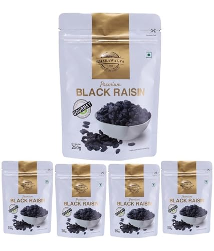 Image of KHARAWALA'S Afghani Black Raisins with Seeds - Pack of 5 (250gm Each) | Kali Kishmish | Munakka | Dry Fruits | Premium Abjosh | Healthy Nuts
