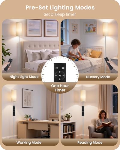 Image of Dimmable Floor Lamps for Living Room with Remote and Foot Switch, 64.4 inch Modern Standing Tall Lamp, Corner Lamp for Bedroom, Office, Bulb Included, 3000K-6500K, Beige and Silver, FCC Listed SE06LD05W1