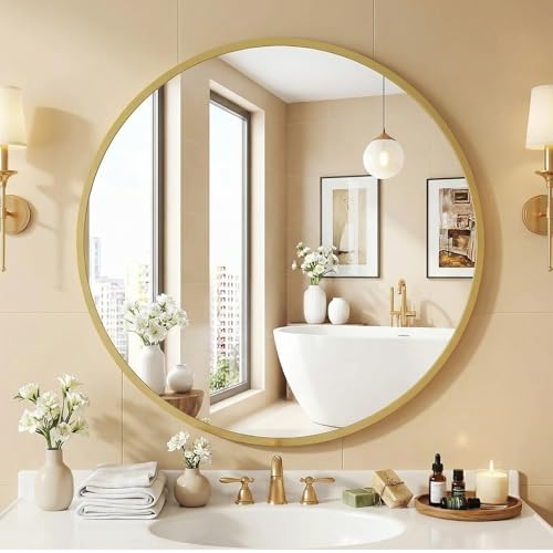 Image of NEWBULIG 28 Inch Round Wall Mirror, Bathroom Mirrors for Over Sink, Matte Metal Framed Circle Vanity Mirror, Wall Decor for Bedroom, Entryway, Anti-Rust, Tempered Glass, Hanging or Leaning, Gold