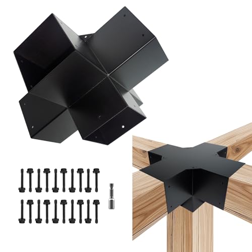 Image of 5-Way Pergola DIY Brackets Kit,Cross-Shaped Woodwork Brackets for 4 inch x 4 inch(Actual:3.5 inchx3.5 inch) Lumber,Black Metal Bracket for Patio Pergolas,Gazebos,Log Cabin W /Hardware (1 Pack)