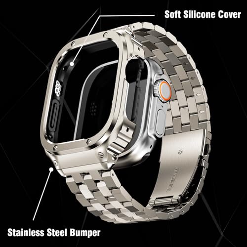 Image of SUPLINK Stainless Steel Case with Bands Compatible with Apple Watch Ultra 2 Band / 1 / Apple Watch Ultra 3 Band 49mm, Metal Rugged Protective Bumper Adjustable Strap for iWatch Bands Men(Titanium Color)