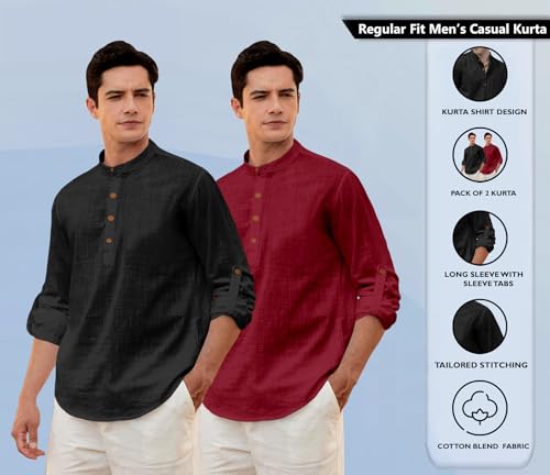 Image of Zombom Men's Combo Cotton Polyester Blend Solid Full Sleeve Straight Regular Fit Mandarin /Chinese Collor Kurta (Pack of 2)