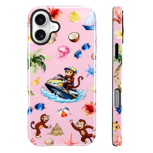 Image of Magnetic for iPhone 16 Plus Case [Compatible with Magsafe] Cute Summer Beach Monkeys Pattern Design, Full Body 2 in 1 Shockproof Scratch Resistant Protective Cover for Women Girl