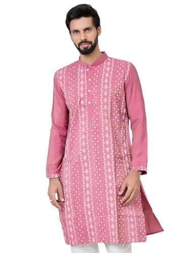 Image of See Designs Men's Full Sleeve Mandarin Collar Floral Embroidered Mandarin Collar Thread Work Straight Long Kurta - Festive Collection