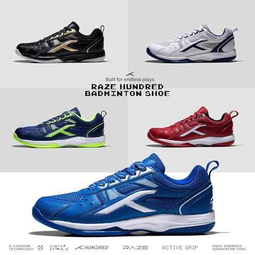HUNDRED Raze Badminton Shoes(Non Marking)|Also Perfect For Squash,Table Tennis,Volleyball,Basketball&Indoor Sports|Lightweight&Durable|X-Cushion,Active Grip Sole,Toe Assist(Blue:White,9Uk)Unisex-adult