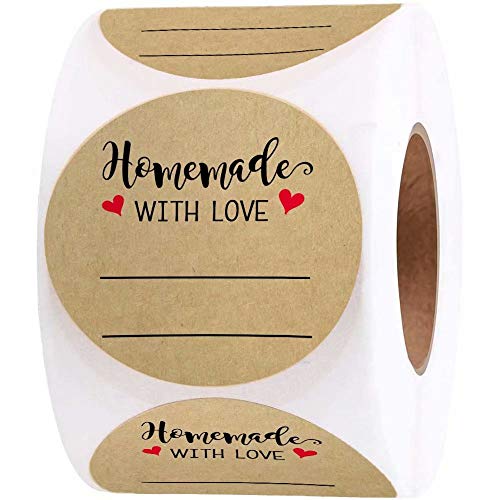 2 Inch Homemade with Love Sticker with Lines for Writing (500 Labels per roll) Brown Kraft Stickers for Canning Labels Jar, Store Owners, Crafts, Organizing, Gift, Price Tags, Envelop Seal