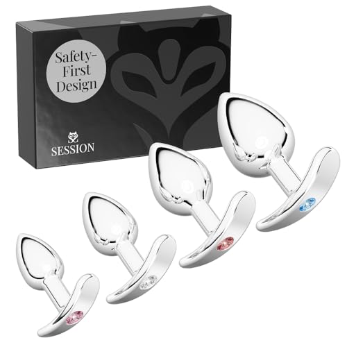 Session 4-Piece Metal Butt Plug Set - Smooth Teardrop Anal Plugs with Curved Base & Multicolor Jewel Charms Training Kit for Beginners and Couples