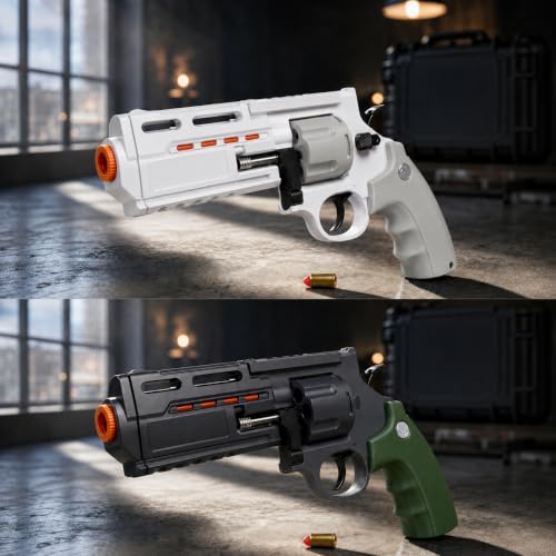 Image of TOYPAPA''Revolver Gun Toy for Boys| Long Barrel Strong ABS Plastic Airsoft Gun Pistol Semi Automatic | 12 Bullet Shell' and 50 Bullets Included''(White+Grey)