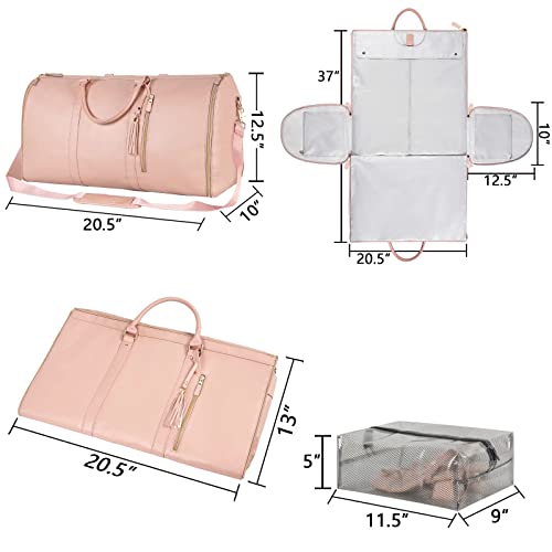 Carry On Garment Bag, Large Hanging Duffle Bag for Women, PU Leather Duffle Bag Waterproof Garment Bags for Travel with Shoe Pouch - 2 in 1 Hanging Suitcase Suit Travel Bags, Gift for Women, Pink