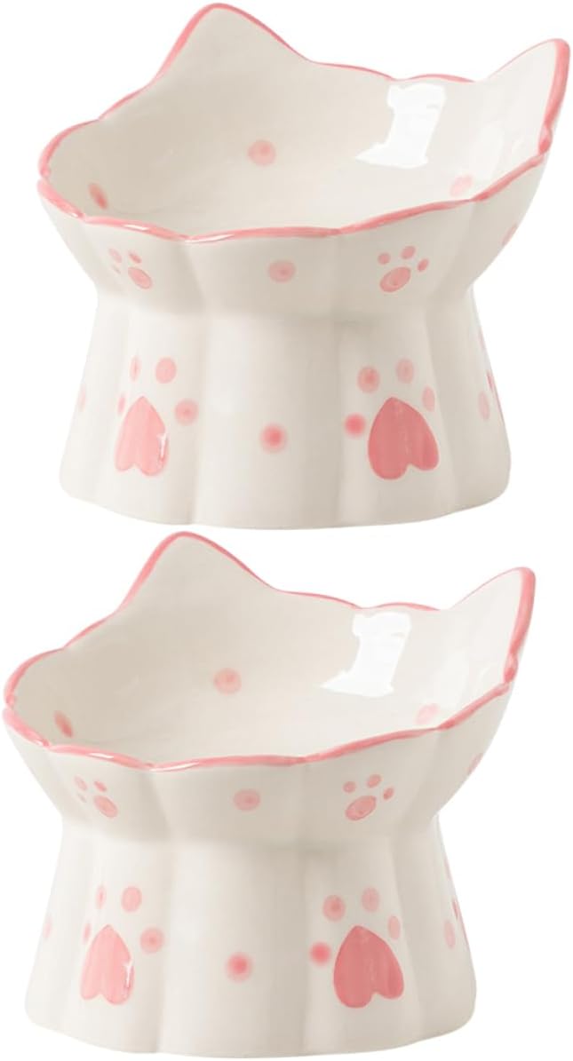 2pcs Elevated Cat Bowls Neck Protection Ceramic Cat Food and Water Bowls Stable Design for Easy Eating and Drinking for Indoor and Kittens