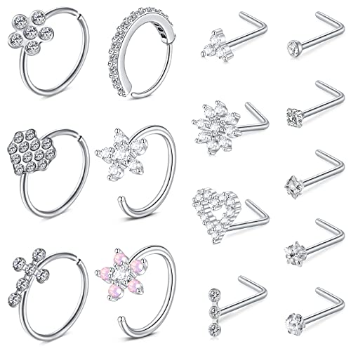 Briana Williams Nose Rings for Women 20G Nose Ring Surgical Steel Nose Rings Hoops L Shaped Nose Rings Studs Heart Flower Diamond Nose Studs Silver Nose Piercings 20 Gauge Nose Piercing Jewelry