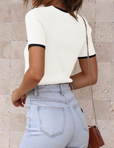 ZESICA Women's Summer Short Sleeve Ribbed Knit Slim Fit T Shirt 2025 Crewneck Basic Casual Color Block Tee Tops4