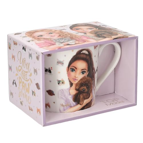 Depesche 13541 TOPModel Kitty y Doggy - Taza en Blanco, con Motivo de Modelo, Corazones y animalitos, Taza de Porcelana con asa, Capacidad Aprox. 300 ml