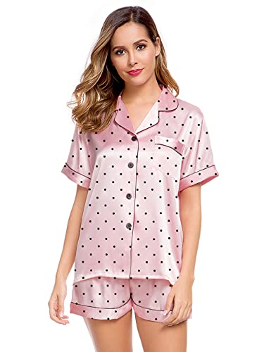 Image of LecGee Womens Silk Satin Pajamas Short Sleeve Loungewear Two-Piece Sleepwear Button-Down Pj Set