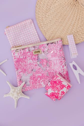 Image of Lilly Pulitzer Water Resistant Vinyl Beach Day Pouch, Zipper Bag Includes Drink Hugger, Small Pouch, and Towel Clips (Palm Beach Toile)