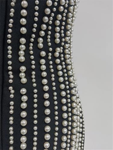 Women Solid Spliced Pearl Slimming Slash Neck Sleeveless High Waist Patchwork Chain Dress4