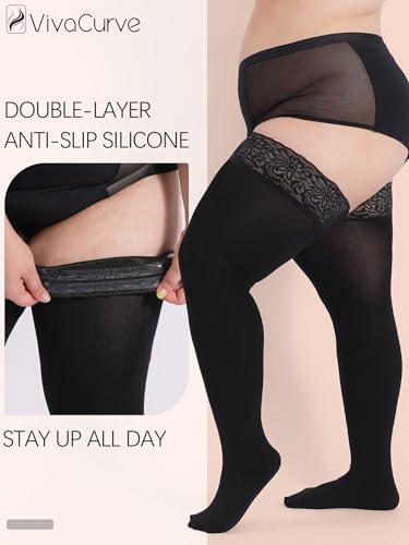 Plus Size Fleece Lined Thigh High Stockings Stay Up Lace Top Opaque Winter Warm Tights for Women4